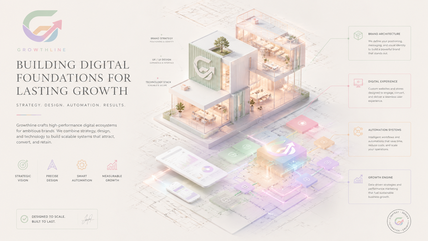 Illustration : les fondations d'une présence digitale Growthline — stratégie, design, technologie, croissance.